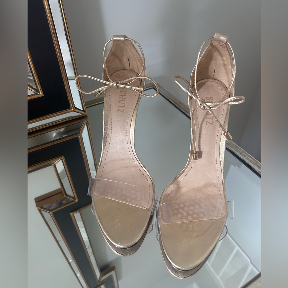 Schutz gold metallic leather and clear ankle tie sandals. Size 10.5